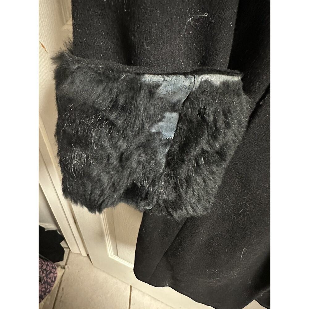 90s Wool Lord Taylor Jacket Coat Women's Black Rabbit Fur Collar Small 6 Tie - Picture 5 of 7